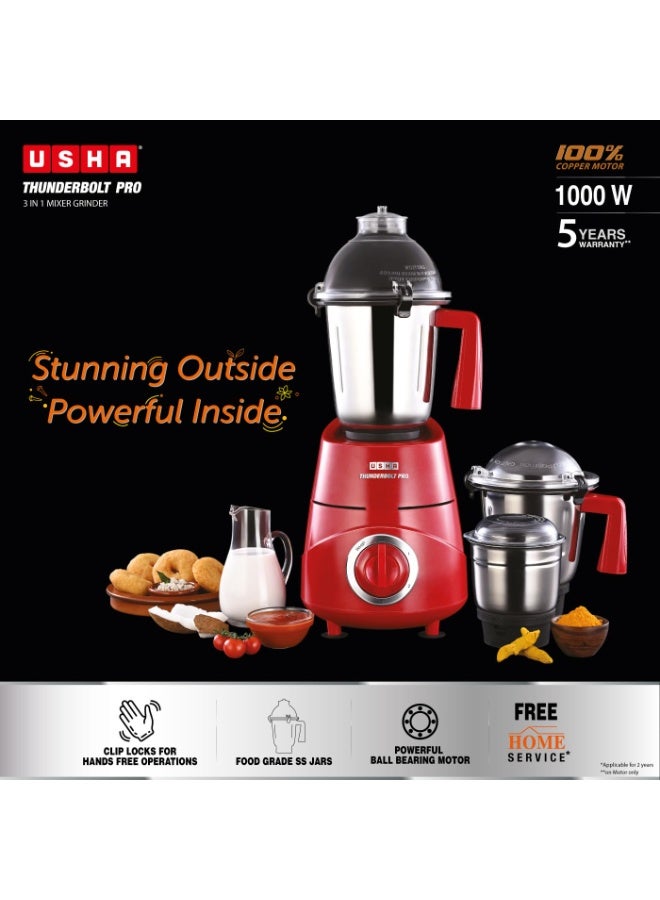 USHA Thunderbolt Pro 1000W with 3 Jars, 100% Copper Ball-Bearing Motor, Handsfree operation, 3 Jars, 3-Speed Setting with Inching option, 5 Years Warranty on Motor (Red) - Image 4